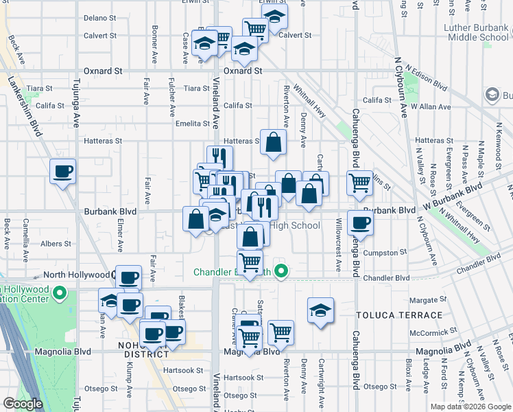 map of restaurants, bars, coffee shops, grocery stores, and more near 5624 Cleon Avenue in Los Angeles
