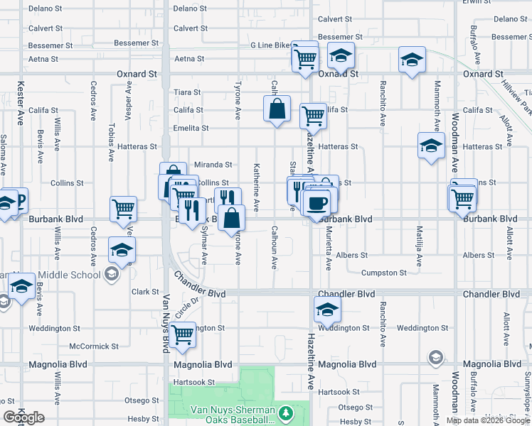 map of restaurants, bars, coffee shops, grocery stores, and more near 5628 Katherine Avenue in Los Angeles