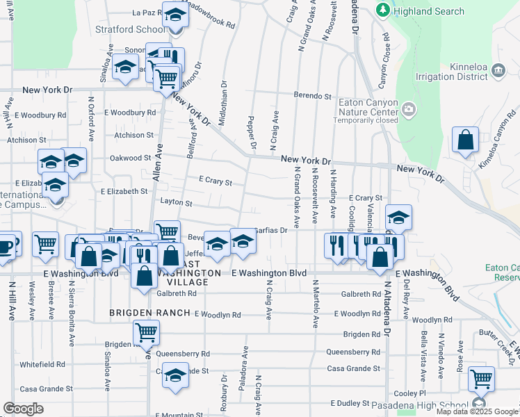 map of restaurants, bars, coffee shops, grocery stores, and more near 2169 Layton Street in Pasadena