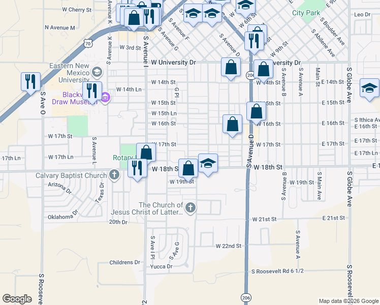 map of restaurants, bars, coffee shops, grocery stores, and more near 725 West 17th Street in Portales