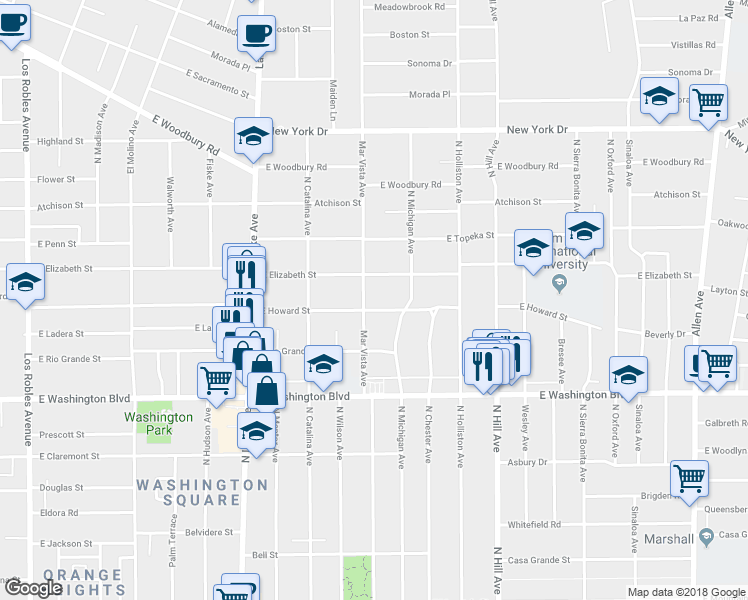 map of restaurants, bars, coffee shops, grocery stores, and more near 1145 East Howard Street in Pasadena