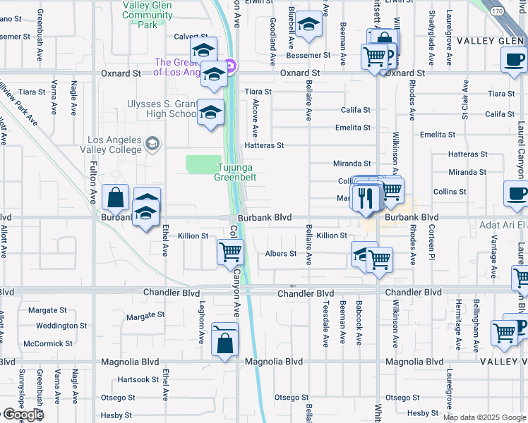 map of restaurants, bars, coffee shops, grocery stores, and more near 12813 Burbank Boulevard in Los Angeles