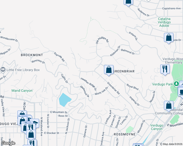 map of restaurants, bars, coffee shops, grocery stores, and more near 1801 Greenbriar Road in Glendale