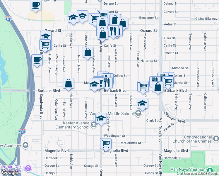 map of restaurants, bars, coffee shops, grocery stores, and more near 5631 Bevis Avenue in Los Angeles