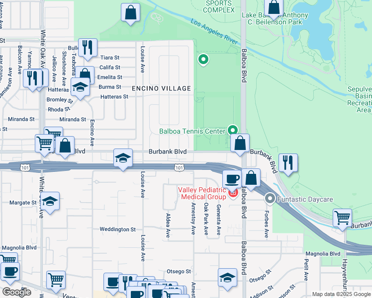 map of restaurants, bars, coffee shops, grocery stores, and more near 5617 Wish Avenue in Los Angeles