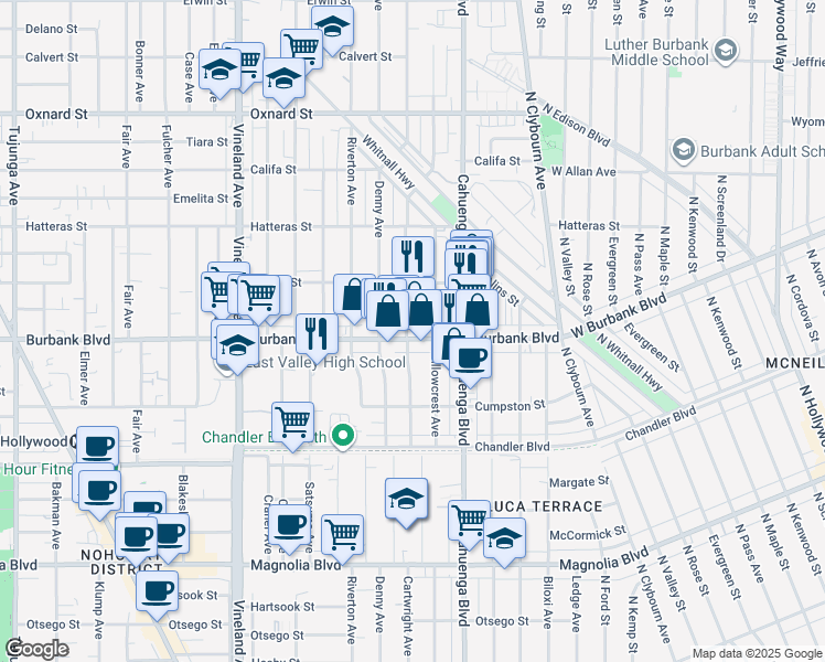 map of restaurants, bars, coffee shops, grocery stores, and more near 5626 Cartwright Avenue in Los Angeles