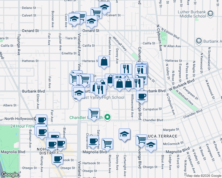map of restaurants, bars, coffee shops, grocery stores, and more near 5627 Denny Avenue in Los Angeles
