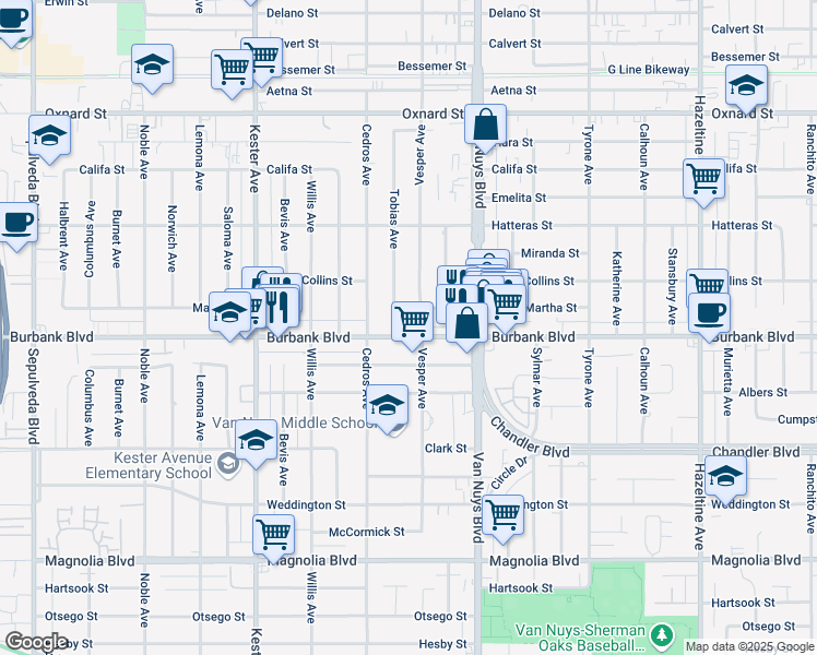 map of restaurants, bars, coffee shops, grocery stores, and more near 14628 Martha Street in Los Angeles