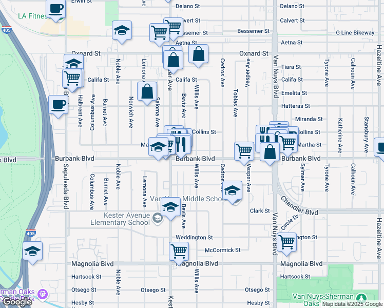 map of restaurants, bars, coffee shops, grocery stores, and more near 5630 Willis Avenue in Los Angeles