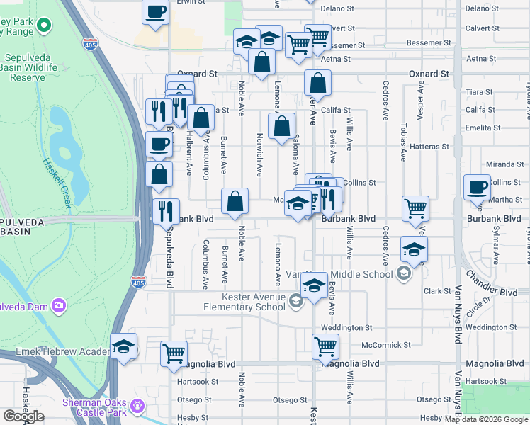 map of restaurants, bars, coffee shops, grocery stores, and more near 15040 Martha Street in Los Angeles