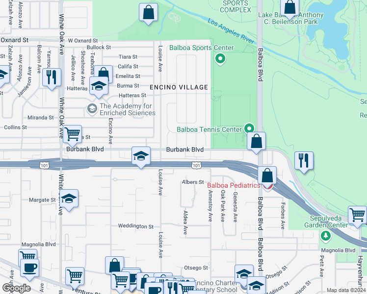 map of restaurants, bars, coffee shops, grocery stores, and more near 5601 Aldea Avenue in Los Angeles