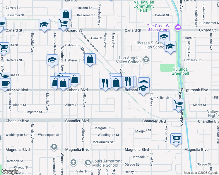 map of restaurants, bars, coffee shops, grocery stores, and more near 13351 Burbank Boulevard in Los Angeles