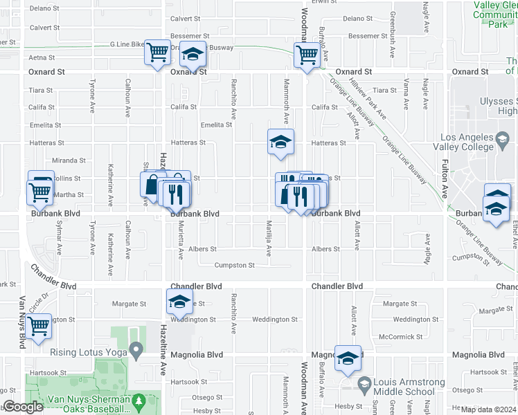 map of restaurants, bars, coffee shops, grocery stores, and more near 13819 Burbank Boulevard in Los Angeles