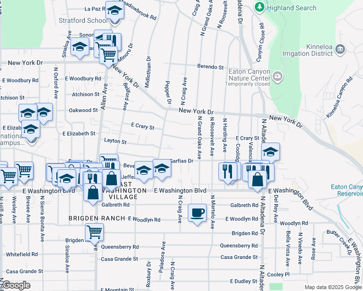 map of restaurants, bars, coffee shops, grocery stores, and more near 2186 East Crary Street in Pasadena