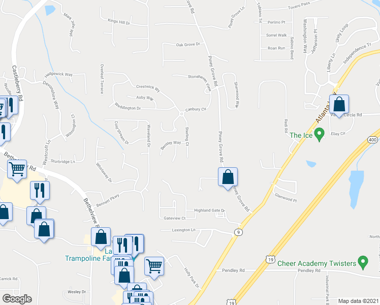 map of restaurants, bars, coffee shops, grocery stores, and more near 5865 Sterling Court in Cumming