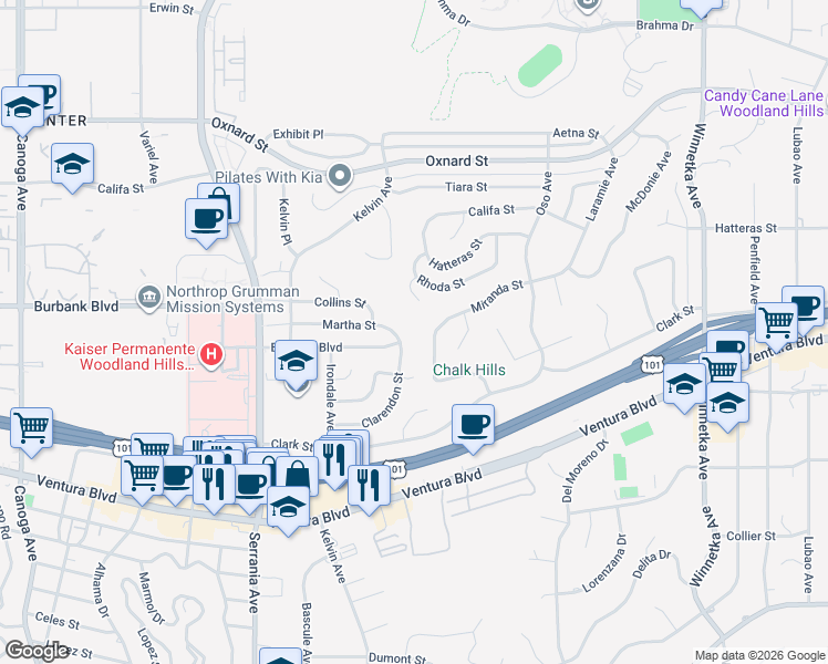 map of restaurants, bars, coffee shops, grocery stores, and more near 20607 Martha Street in Los Angeles