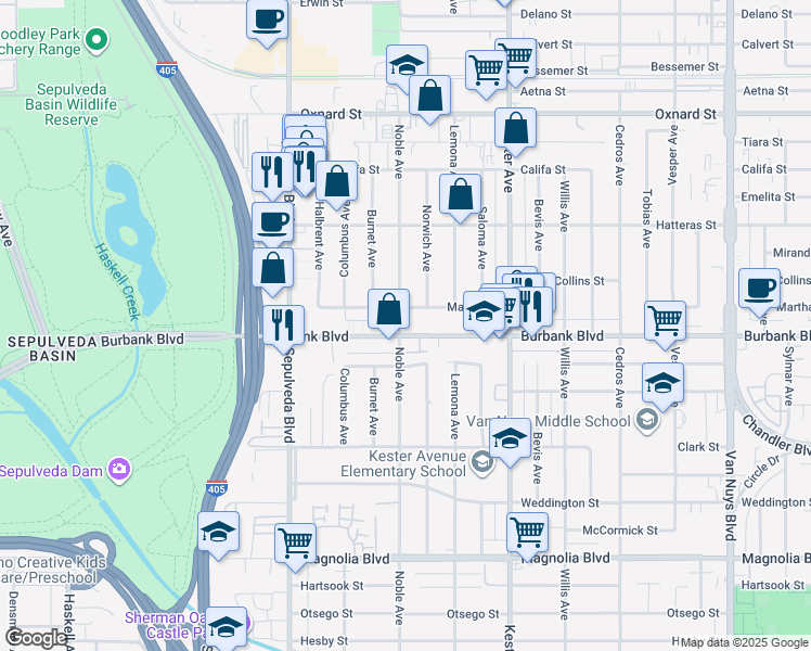 map of restaurants, bars, coffee shops, grocery stores, and more near 15040 Martha Street in Los Angeles