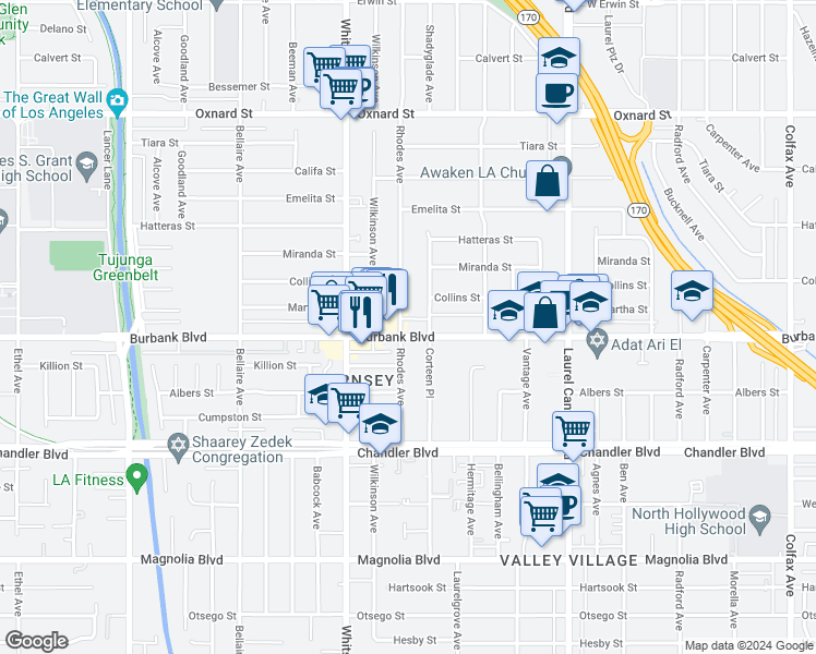 map of restaurants, bars, coffee shops, grocery stores, and more near 5604 Rhodes Avenue in Los Angeles