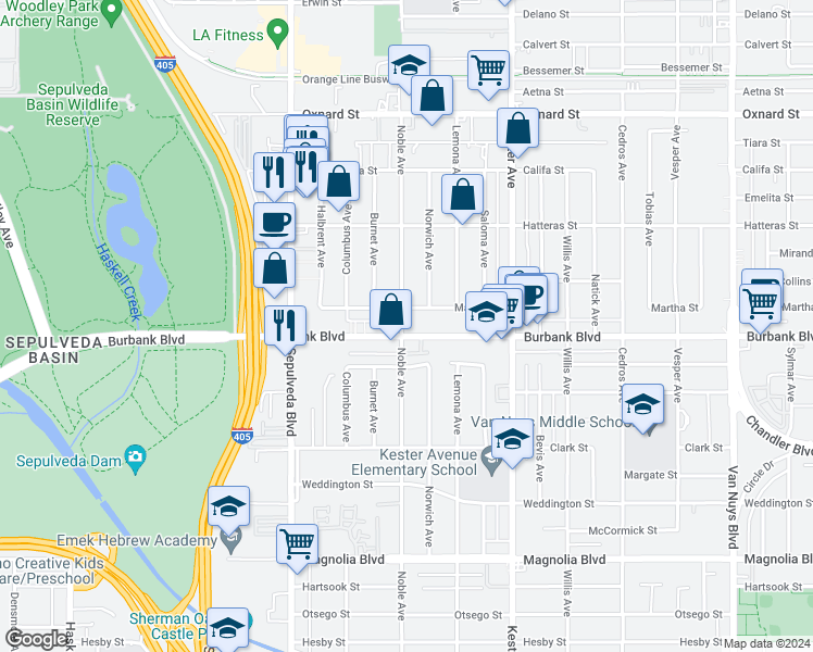map of restaurants, bars, coffee shops, grocery stores, and more near 15059 Burbank Boulevard in Los Angeles