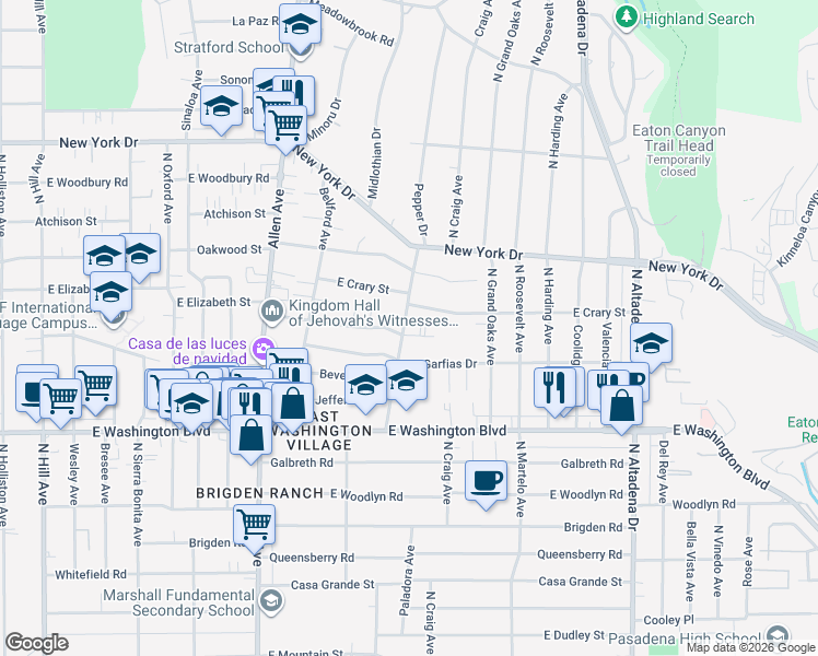 map of restaurants, bars, coffee shops, grocery stores, and more near 1566 Pepper Drive in Pasadena