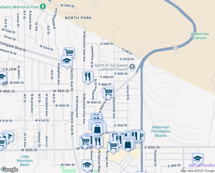 map of restaurants, bars, coffee shops, grocery stores, and more near 161 East 48th Street in San Bernardino