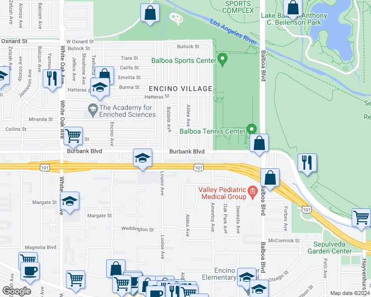 map of restaurants, bars, coffee shops, grocery stores, and more near 5601 Aldea Avenue in Los Angeles