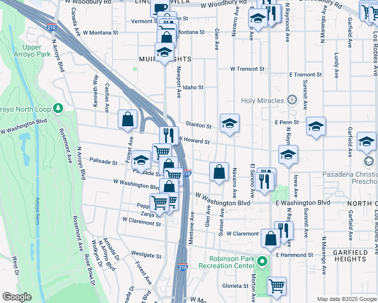 map of restaurants, bars, coffee shops, grocery stores, and more near 1531 Mentone Avenue in Pasadena