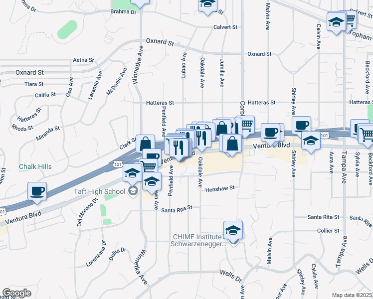 map of restaurants, bars, coffee shops, grocery stores, and more near 5637 Lubao Avenue in Los Angeles