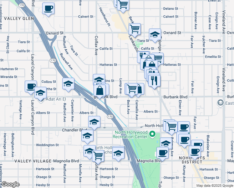 map of restaurants, bars, coffee shops, grocery stores, and more near 5627 Lemp Avenue in Los Angeles