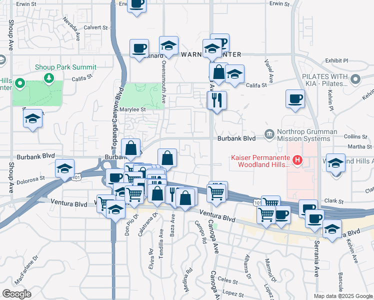 map of restaurants, bars, coffee shops, grocery stores, and more near 21550 Burbank Boulevard in Los Angeles