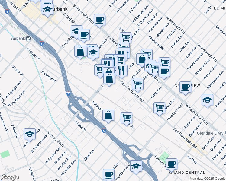map of restaurants, bars, coffee shops, grocery stores, and more near 116 West Alameda Avenue in Burbank