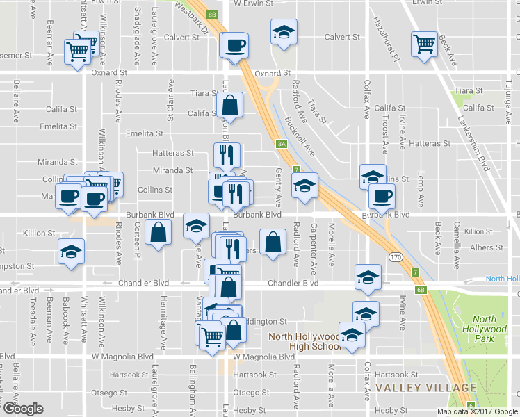 map of restaurants, bars, coffee shops, grocery stores, and more near 12001 Burbank Boulevard in Los Angeles