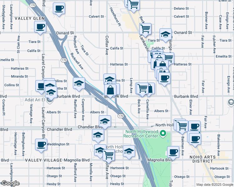 map of restaurants, bars, coffee shops, grocery stores, and more near 5633 Irvine Avenue in Los Angeles