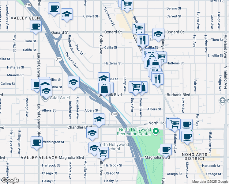 map of restaurants, bars, coffee shops, grocery stores, and more near 11639 Burbank Boulevard in Los Angeles