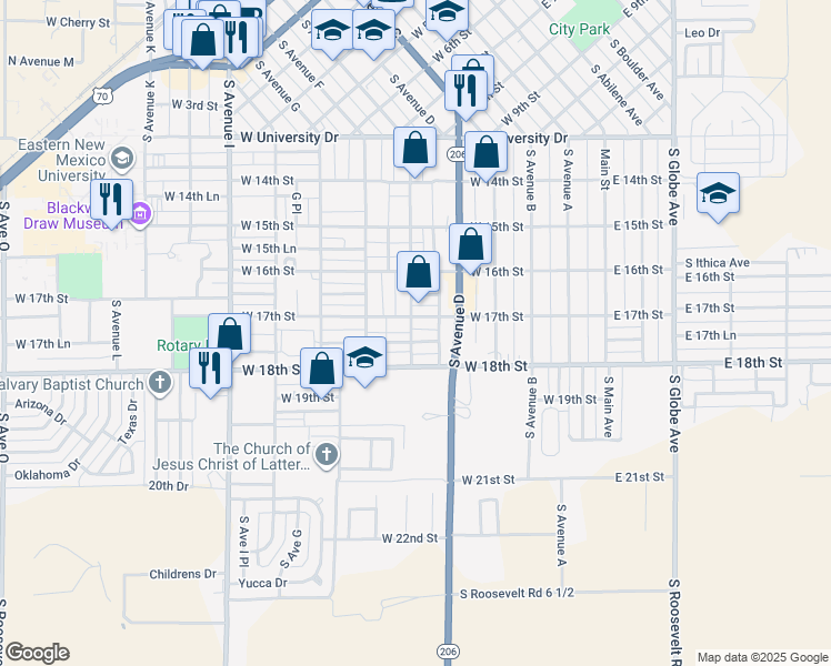map of restaurants, bars, coffee shops, grocery stores, and more near 1709 South Avenue East in Portales