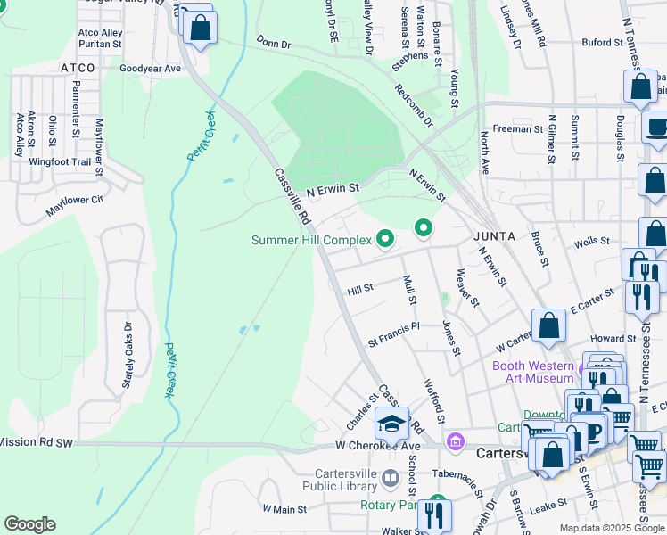 map of restaurants, bars, coffee shops, grocery stores, and more near 119 Cassville Road in Cartersville