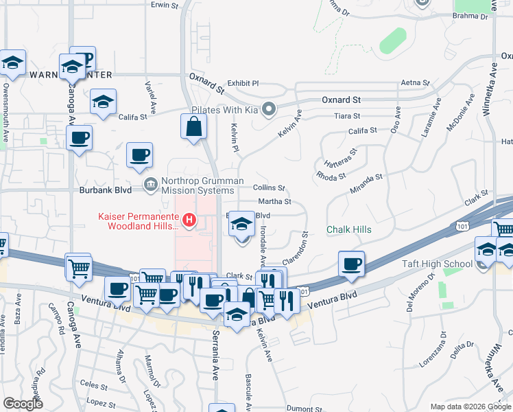 map of restaurants, bars, coffee shops, grocery stores, and more near 20749 Martha Street in Los Angeles