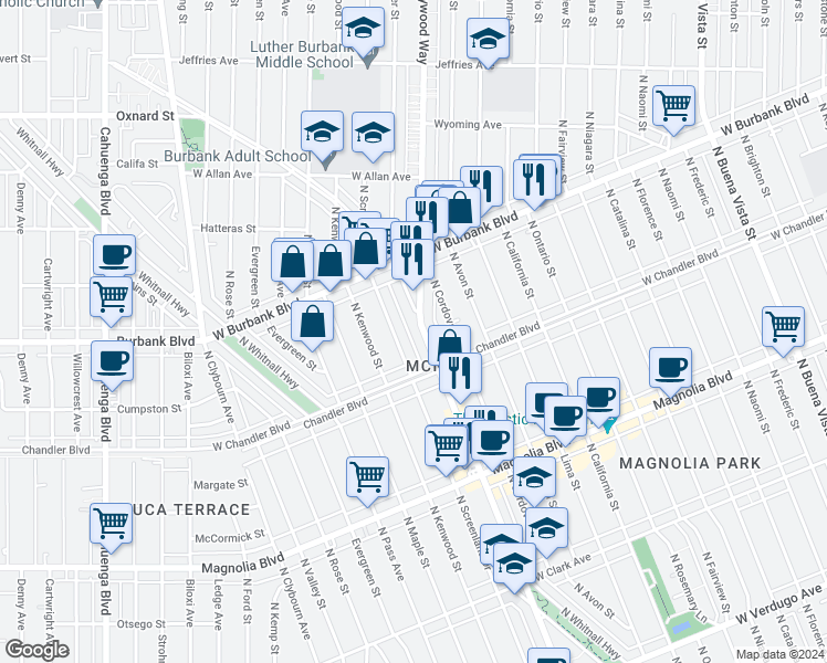 map of restaurants, bars, coffee shops, grocery stores, and more near 1237 North Hollywood Way in Burbank