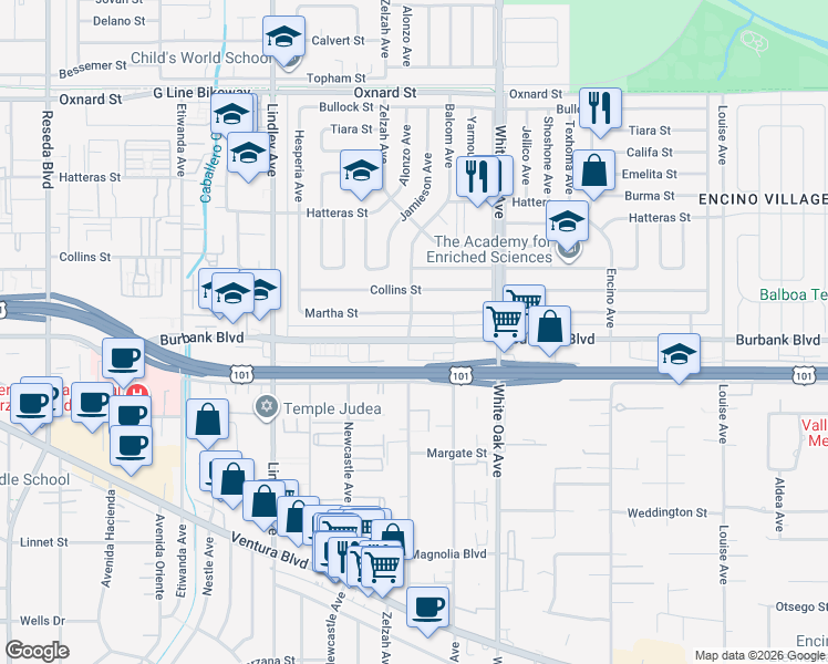 map of restaurants, bars, coffee shops, grocery stores, and more near 17912 Martha Street in Los Angeles