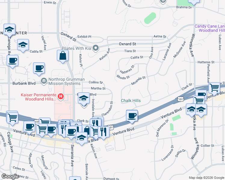 map of restaurants, bars, coffee shops, grocery stores, and more near 20619 Martha Street in Los Angeles