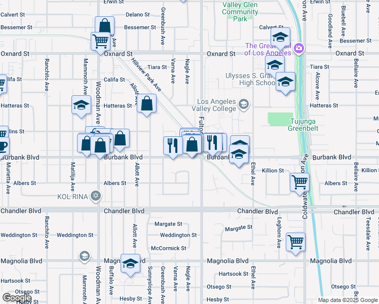 map of restaurants, bars, coffee shops, grocery stores, and more near 13321 Burbank Boulevard in Los Angeles