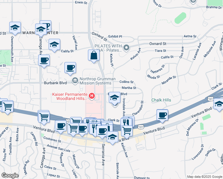 map of restaurants, bars, coffee shops, grocery stores, and more near 20850 Martha Street in Los Angeles