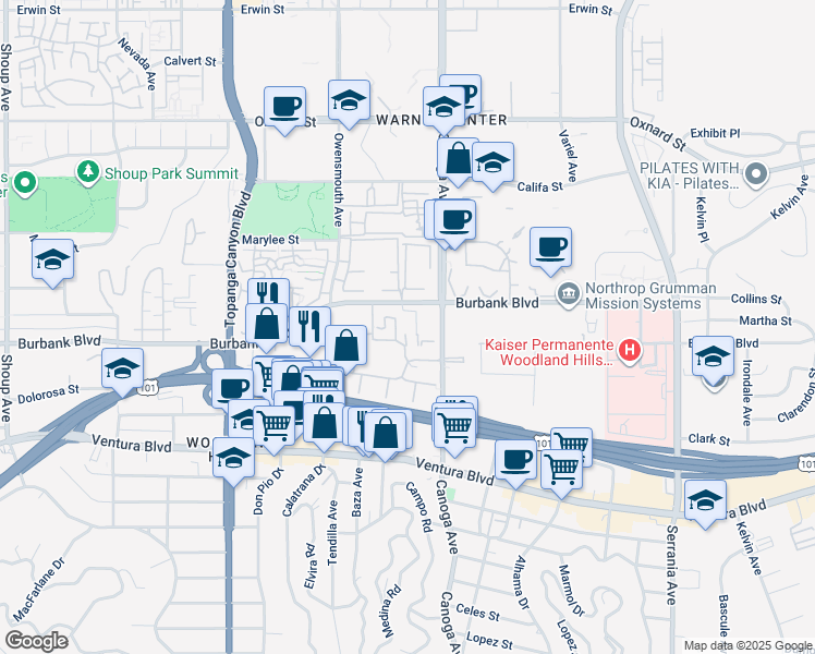 map of restaurants, bars, coffee shops, grocery stores, and more near 21400 Burbank Boulevard in Los Angeles
