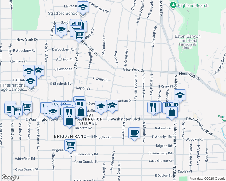 map of restaurants, bars, coffee shops, grocery stores, and more near 1566 Pepper Drive in Pasadena
