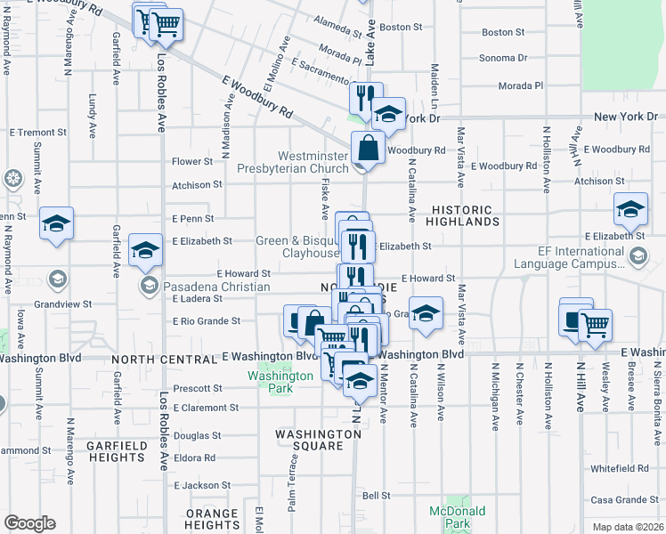 map of restaurants, bars, coffee shops, grocery stores, and more near 792 East Elizabeth Street in Pasadena