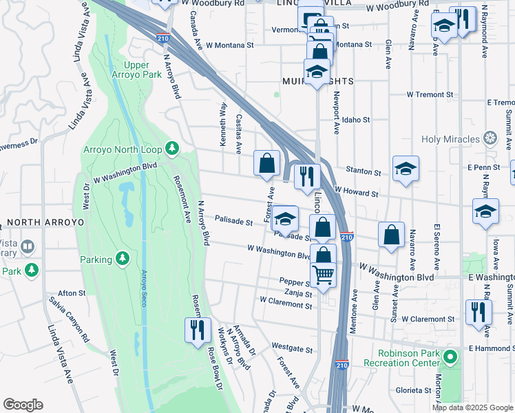 map of restaurants, bars, coffee shops, grocery stores, and more near 643 Del Monte Street in Pasadena