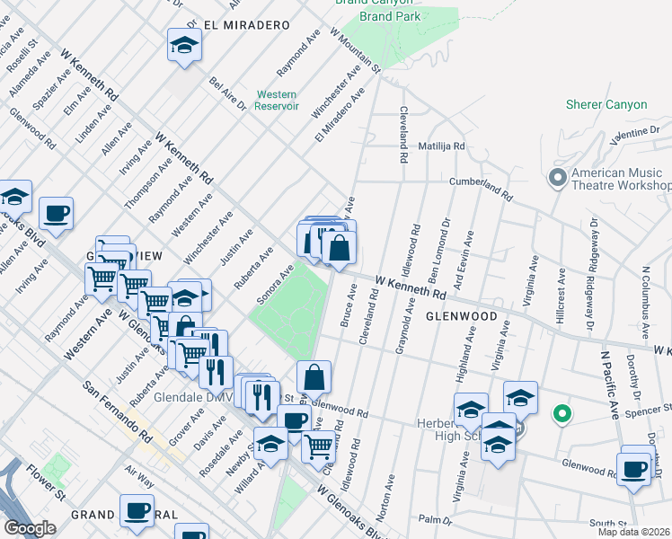 map of restaurants, bars, coffee shops, grocery stores, and more near 316 West Kenneth Road in Glendale