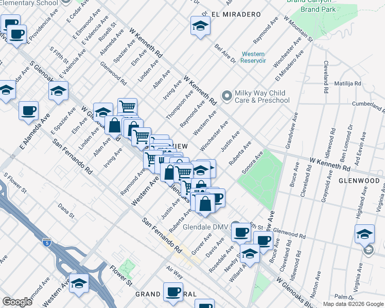 map of restaurants, bars, coffee shops, grocery stores, and more near 1640 Glenwood Road in Glendale