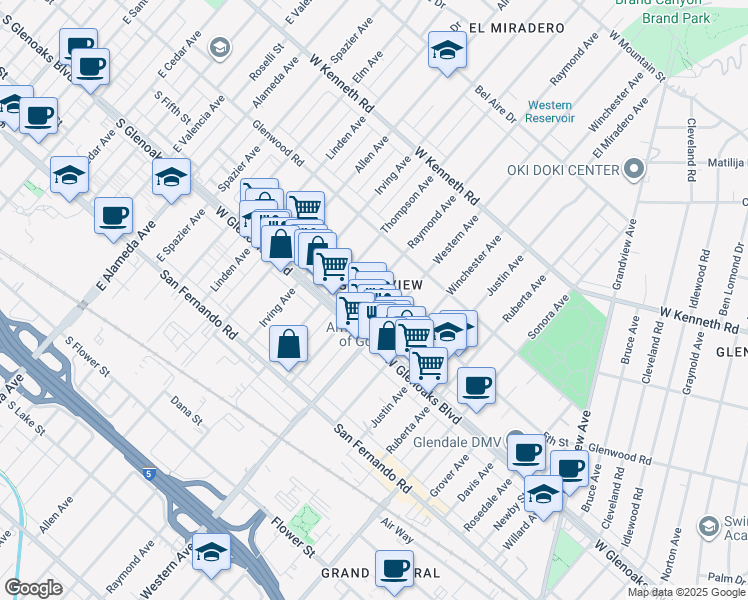 map of restaurants, bars, coffee shops, grocery stores, and more near 1133 Raymond Avenue in Glendale