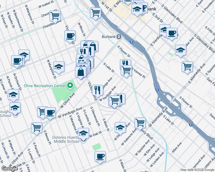 map of restaurants, bars, coffee shops, grocery stores, and more near 245 West Tujunga Avenue in Burbank
